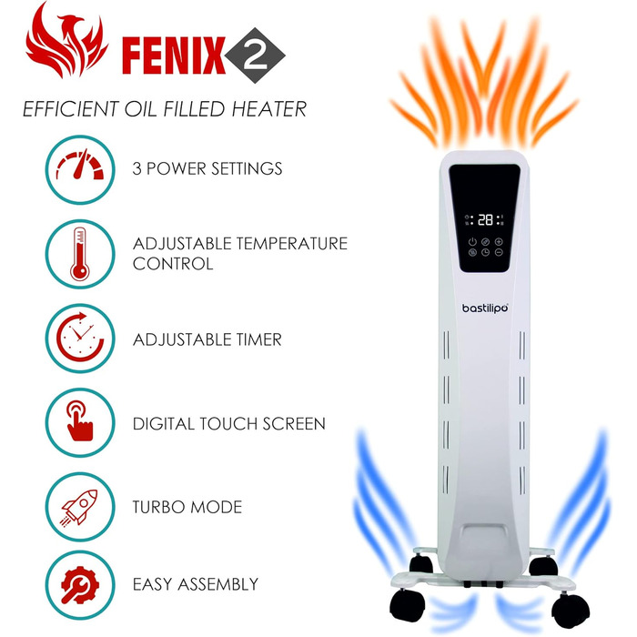Масляний радіатор - Потужність 2500 Вт - Сенсорний світлодіодний екран - 3 рівні потужності - Ефект димоходу - 11 елементів, білий, 2-2500 -