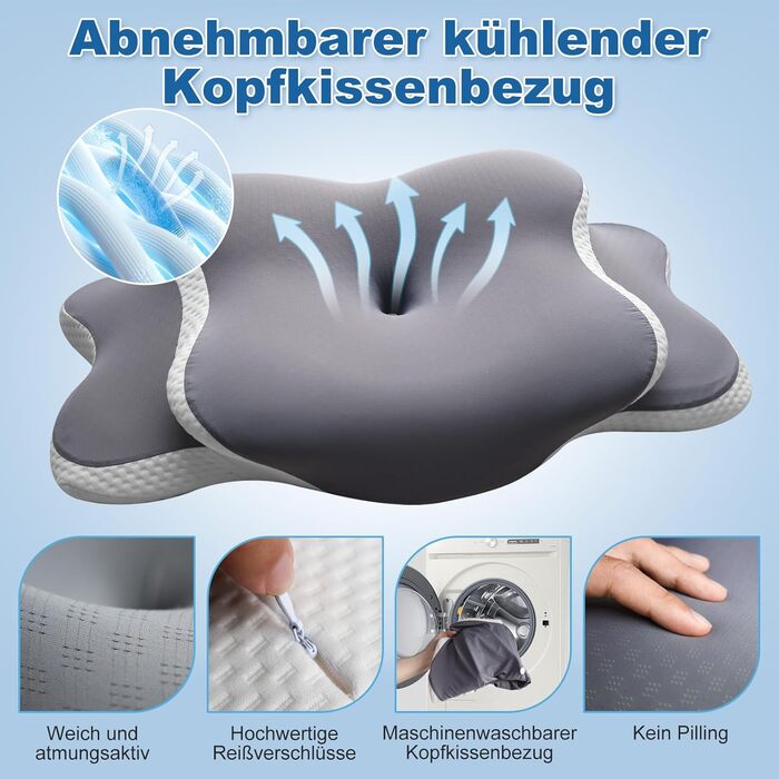 Подушка для шиї - Ергономічна подушка для сну на боці, спині та животі, подушка з піни з ефектом пам&39яті з функцією охолодження, знімна наволочка (сіра)