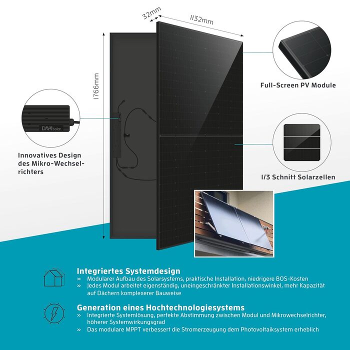 Фотоелектрична система KAISER 800 Вт для балкону, включаючи інвертор - Повний комплект сонячної системи в повністю чорному дизайні - Сонячні модулі &quotпідключи та працюй&quot - включаючи аксесуари та кабель 7 м - Керування через застосунок