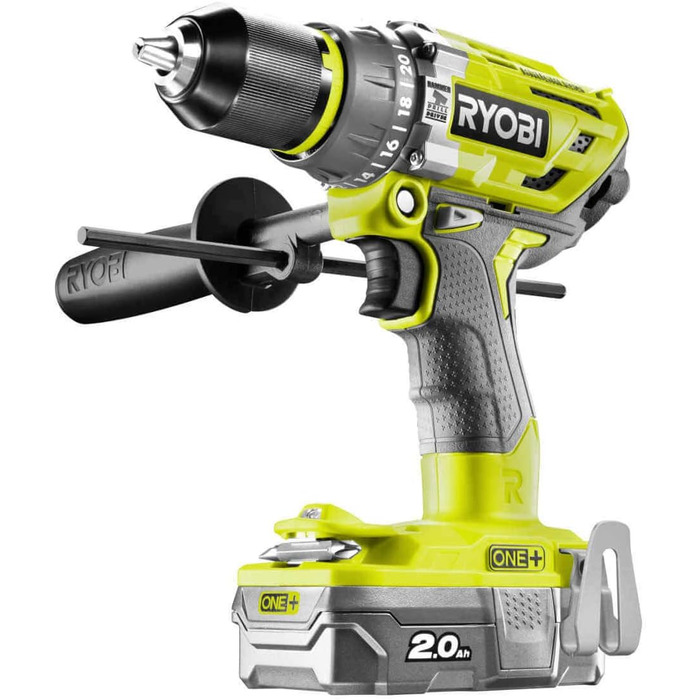 Акумуляторний ударний дриль Ryobi (18 В, функція ударного свердління, з 2-ма акумуляторами 2,0 Ач, швидкозатискний патрон) R18PD7-