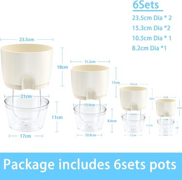 Пластикові квіткові горщики, 6 шт. , 22,3 см/15,3 см/10,5 см/8,2 см, горщики для трав із самополивом та резервуаром для води, сучасні горщики для кімнатних рослин, квітів та трав - Білі, комплект із 6 предметів