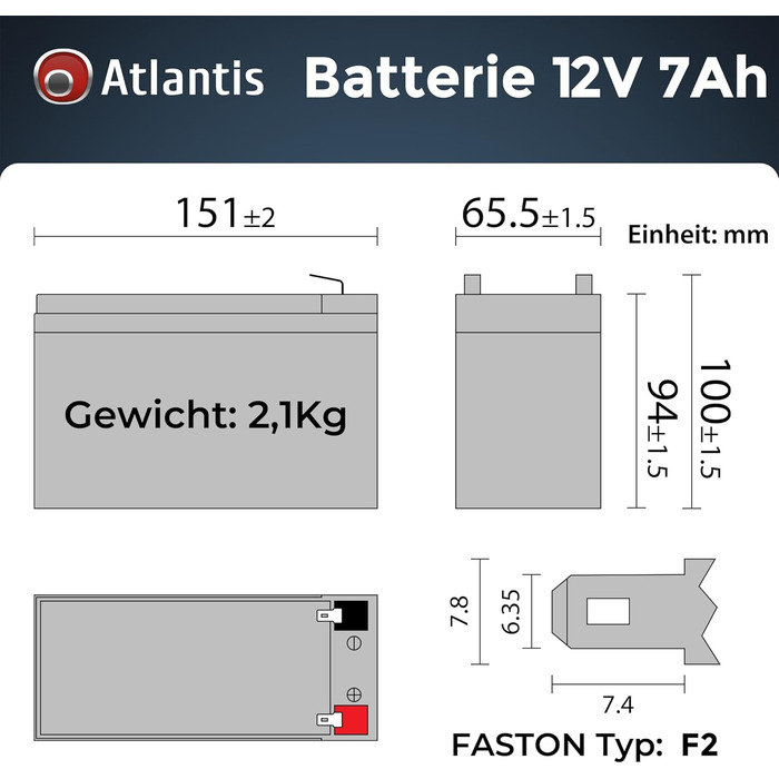 Свинцево-кислотний акумулятор Atlantis 12 В 7 Аг герметичний (VRLA), підходить для груп переривання ДБЖ, відеоспостереження, систем сигналізації, електромобільності, іграшок, роз&39єм Faston F2 6,3 мм, A03-BAT12-7.0A