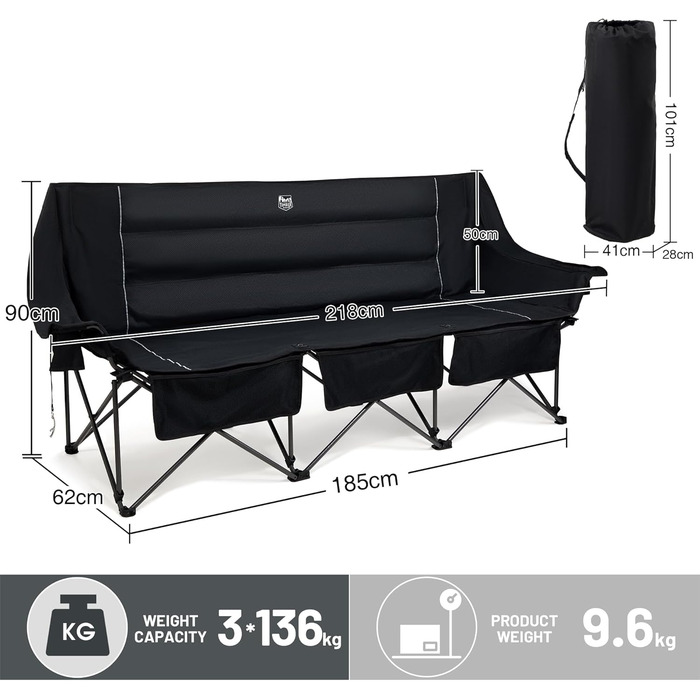 Складаний кемпінговий стілець TIMBER RIDGE для 2 осіб, велика ширина 160 см, диван XXL для кемпінгу, вантажопідйомність 320 кг, складний стілець для 2-місного кемпінгу з великими боковими кишенями, висока спинка для саду на свіжому повітрі, балкон, викори