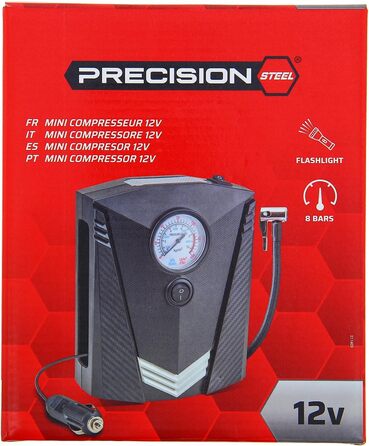 Міні-компресор PRECISION STEEL, 12 В, 8 бар, Presta-Bits, Schrader, голка