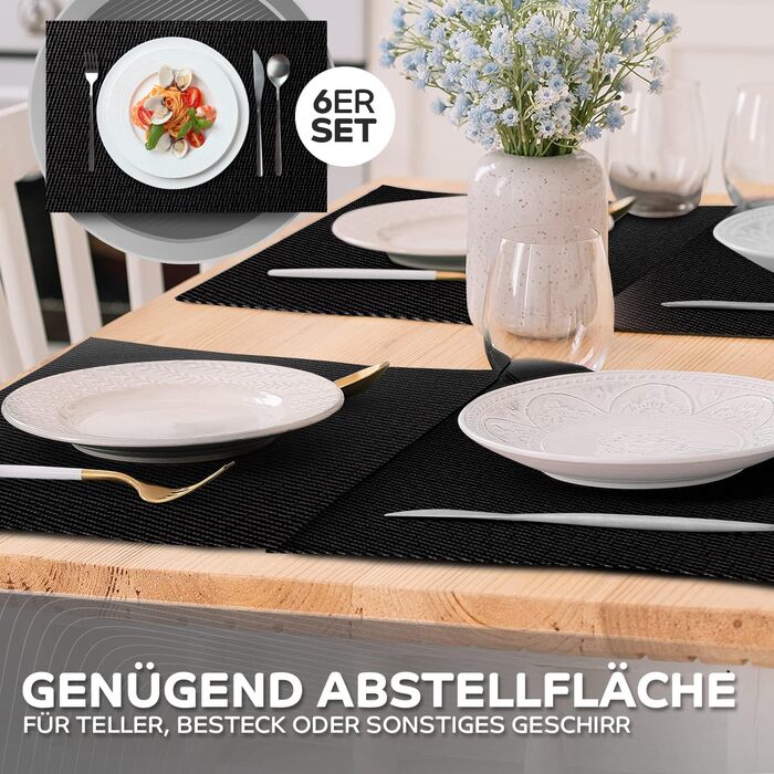 Набір з 6 килимків чорний - 44x32см - Килимки, що миються з ПВХ - Термостійкий килимок для столу - Килимок - Килимок для столу чор