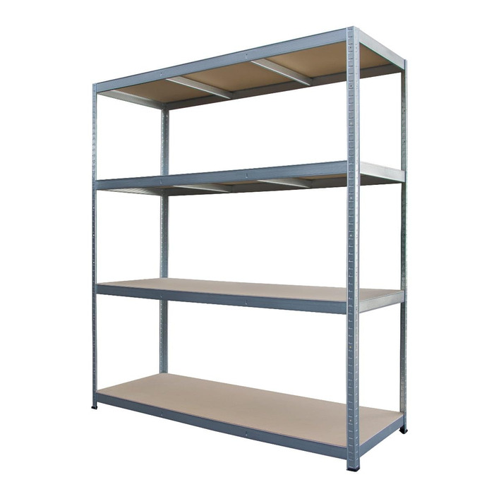Стелаж для зберігання Metalkas R250 XXL з 4 полицями з МДФ, 180x160x60 см, вантажопідйомність полиць 250 кг, полиці з регулюванням висоти, надміцний стелаж, стелаж для підвалу, стелаж для майстерні, оцинкований, виготовлений з металу, сріблясто-оцинковани