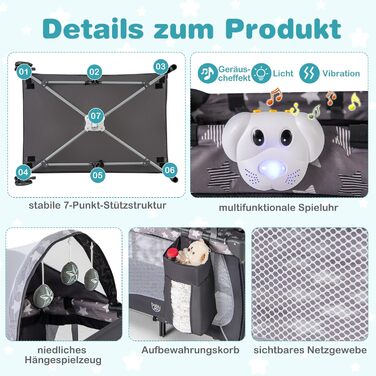 Складане дорожнє ліжечко 102 x 72 см, дитяче ліжечко з матрацом, колесами, москітною сіткою та пеленальний килимок, дитяче ліжечко 3 в 1 для новонароджених та дітей 0-36 місяців (сіре)