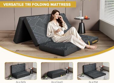 Складаний матрац Vamcheer, надзвичайно товстий гостьовий матрац - 15 см, 3-секційний складний гостьовий матрац з гелевої піни, для дорожнього ліжка, дорослих, кемпінгу, підлоги, гостьового ліжка (сірий, 90 x 200 x 15 см) 90x200x15