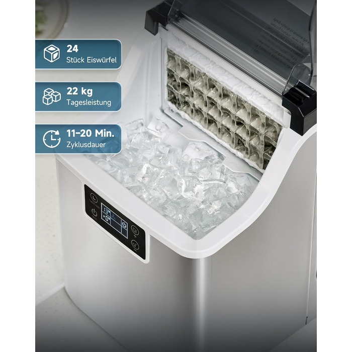 Машина для виробництва кубиків льоду Wilprep маленька з самоочисним льодогенератором 22 кг/24 години машина для морозива з РК-екраном Льодогенератор з нержавіючої сталі для офісу, ресторану, бару, кафе (щоденна продуктивність 22 кг)