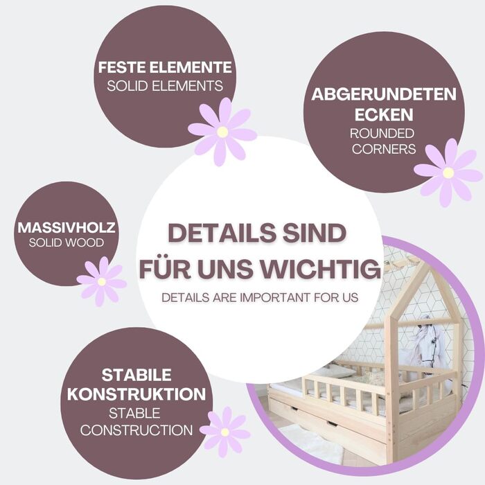 Ліжко-будиночок 90x160 із захистом від падіння, натуральне дерево - Bell Nuo - дитяче ліжко з ящиком для зберігання - дитяче ліжко з рейковою основою - міцне ліжко із захистом від падіння для дитячої кімнати