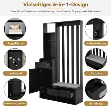 Набір вішалок для одягу Ymkua настінна вішалка, набір вішалок для передпокою з лавкою для взуття, 3 висувними ящиками і подушками,