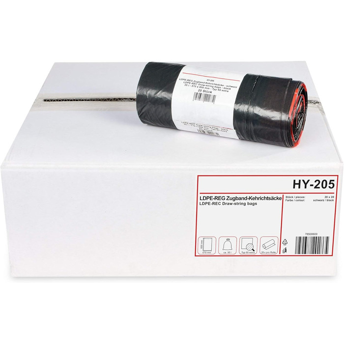 Сміттєві пакети Hypafol Тип 60 зі шнурком, 35 л Пакети для сміття для дому, саду та промисловості Надзвичайно міцні та стійкі до розривів Чорні надміцні сміттєві пакети з високоякісного матеріалу 200 шт. (10 рулонів) 35 літрів