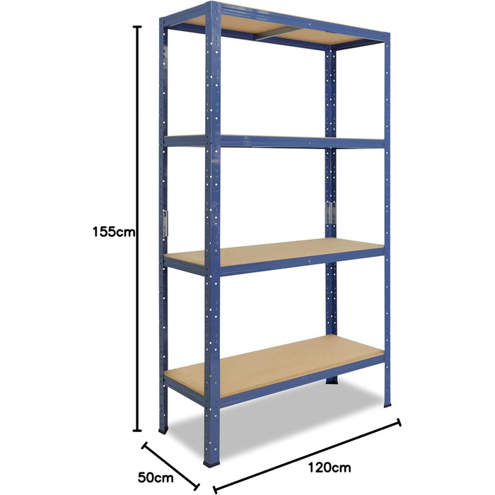 Надміцний стелаж для дому, синій/металевий стелаж з 4 полицями/стелаж для підвалу, стелаж для гаража, стелаж для майстерні або стелаж для зберігання/металевий стелаж без болтів, вантажопідйомність 175 кг, В 155см / Ш 120см / Г 50см, 155x120x50