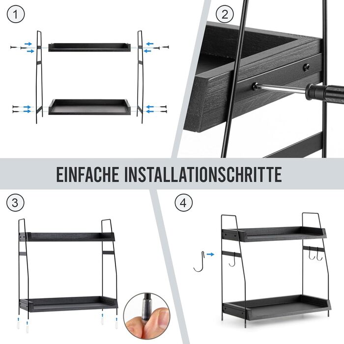 Кухонна полиця PUERSI, 2-рівневий органайзер для кави, дерев&39яний органайзер з гачками, кухонна полиця, підставка для спецій, органайзер для кухонних шаф - чорний