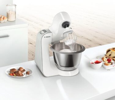 Кухонна машина Bosch Serie 4 MUM58200 гак для замісу, вінчик та міксер з нержавіючої сталі, чаша зі сталі (можна мити в посудомийній машині), 3D-система змішування, білий/сріблястий