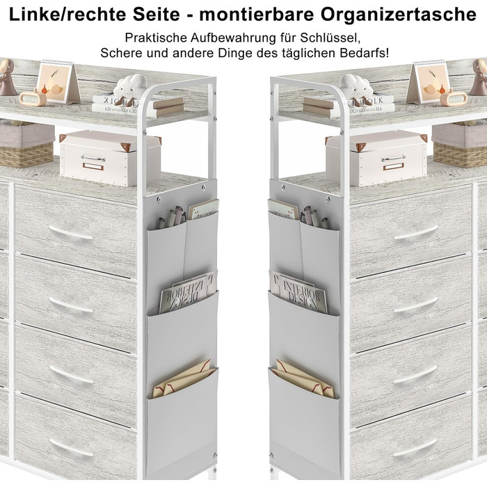 Комод, шафа, шафа для зберігання речей, 8 тканинних шухляд, 4 бічні кишені, 2-рівневі дерев&39яні полиці, скриня для спальні, вітальні, білий дуб, 8 шухляд з бічними кишенями