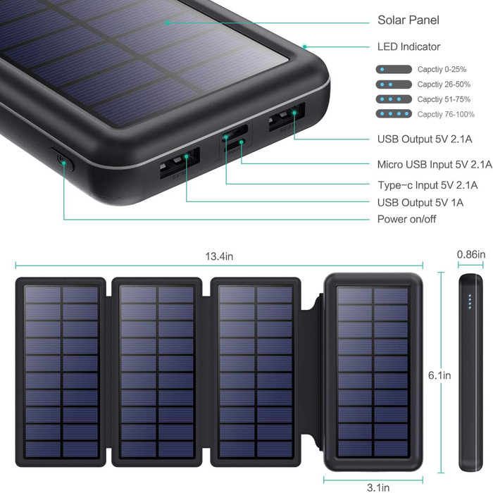 З 4 складними зовнішніми сонячними панелями Сонячні зарядні пристрої 2 виходи і 3 входи Зовнішня батарея Зовнішній акумулятор Сумісний з iPhone Samsung Huawei Huawei Xiaomi Google Red, 26800mAh, Powerbank