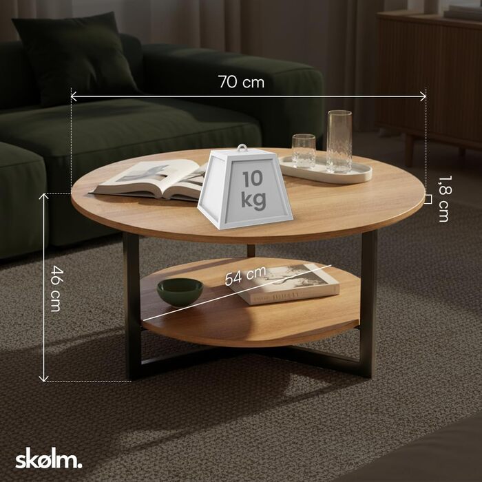 Круглий журнальний столик Skølm Drakkar Ø70 см стіл для вітальні з масиву дуба та металевого каркасу диванний столик з 2 полицями невеликий промаслений бічний столик дерев&39яний стіл для вітальні з місцем для зберігання журнальний столик