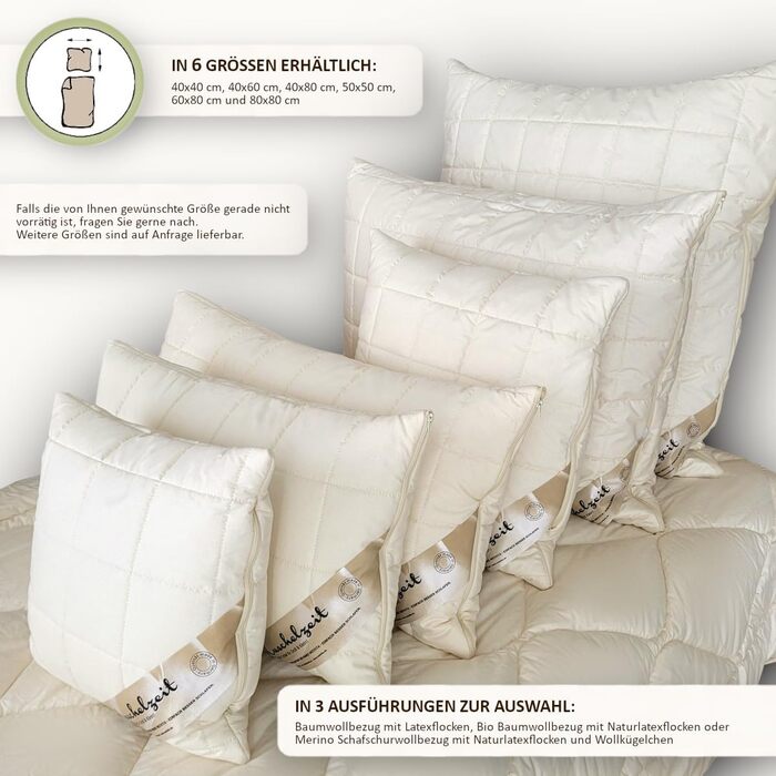 Регульована по висоті подушка для шиї з натурального латексу розміром 40x80 см з окремою внутрішньою подушкою та стьобаним чохлом зі 100 органічної бавовни - Зроблено в Німеччині