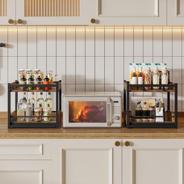 Підставка для спецій HOOBRO, 2-рівнева кухонна полиця, підставка для спецій з висувними лотками та гачками, кухонний органайзер, для кухні, вітальні, спальні, рустикальний коричневий та чорний EBF08TL01