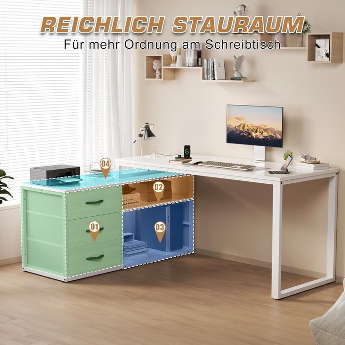 Г-подібний письмовий стіл з 3 шухлядами та місцем для зберігання речей, 140 x 105 x 75 см. Двосторонній кутовий письмовий стіл, Г-подібний письмовий стіл з 2 USB-портами для зарядки та 2 розетками, білий. 140 x 105 x 75 см. Білий