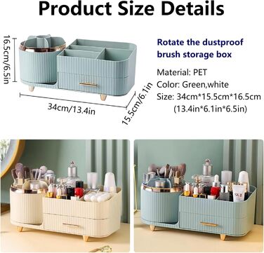 Органайзер для макіяжу DASITON, що обертається на 360, тримач для пензлів для макіяжу, зберігання косметики з шухлядами, великий органайзер для туалетного столика для спальні, ванної кімнати, органайзери для макіяжу та догляду за шкірою (зелений)