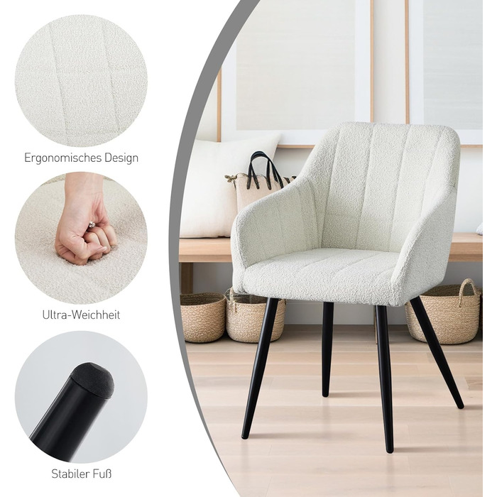 Обідні стільці CLIPOP, Комплект з 4 предметів, Крісла, Сидіння Teddy Boucle Beige, М&39які стільці для їдальні, кухні, вітальні (4, Boucle Beige) Комплект з 4 предметів Boucle Fog White