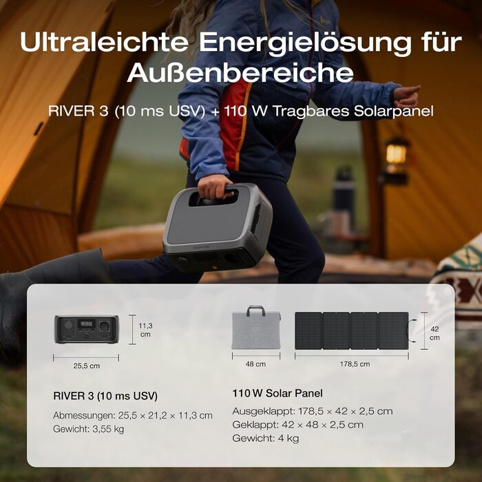 Портативна електростанція ECOFLOW RIVER 3 із сонячною панеллю 110 Вт, акумулятором LFP 245 Втгод, вихідною потужністю до 600 Вт, GaN вдвічі збільшує час роботи, ДБЖ &lt10 мс, на 30 компактніший сонячний генератор для кемпінгу на свіжому повітрі River3UPSс