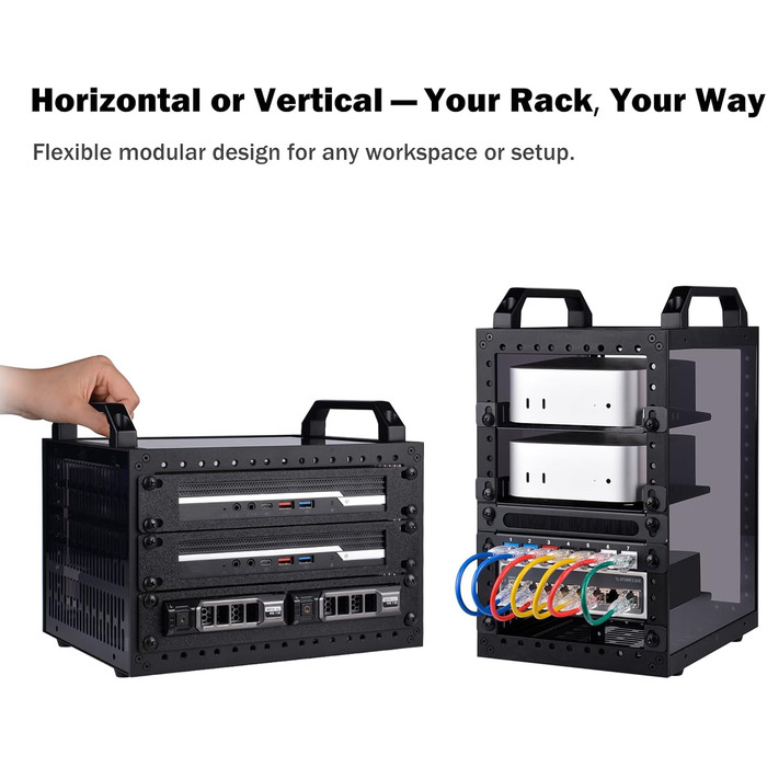 Міні-серверна шафа GeeekPi DeskPi RackMate TT для міні-ПК, міні-стійка глибиною 200 мм, включаючи 2 полиці-вставки по 0,5U, для NAS, AV та мережевих технологій (чорна)