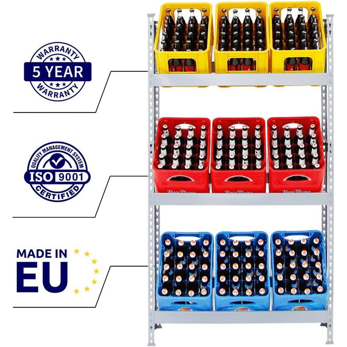 Стелаж для напоїв PROREGAL Camel на 9 ящиків, ВxШxГ 180x100x30 см, вантажопідйомність на полицю 100 кг, сірий, полиця для підвалу, полиця для зберігання, полиця для майстерні, полиця для гаража, сірий, ВxШxГ 180x100x30 см - на 9 ящиків