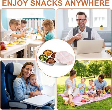 Набір з 2 контейнерів для перекусів з роздільниками, нержавіюча сталь, 17,5x17,5x4,5 см, 600 мл. Контейнер з 4 відділеннями та пластиковою кришкою, штабельовані, для зберігання їжі, сендвічів, для школи, роботи (4 відділення)