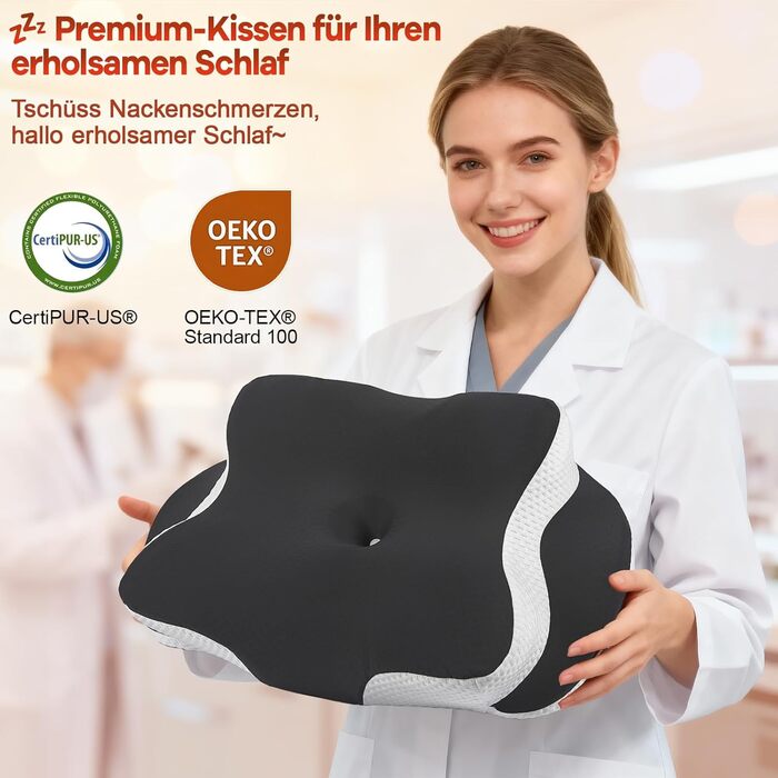 Подушка для шиї - Подушка з піни з ефектом пам&39яті - Подушка для зняття болю в шиї - Ергономічна подушка для сну на боці - Подушка для підтримки шиї для сну на боці, спині та животі - Чорна