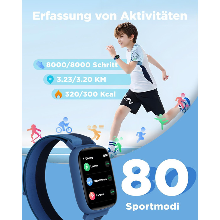 Розумний годинник BIGGERFIVE для дітей, 1,8-дюймовий фітнес-годинник з крокоміром, цілодобовий монітор серцевого ритму, водонепроникність IP68, монітор сну, будильник, 5 ігор-головоломок (з додатком/без нього), фітнес-трекер для дівчаток, хлопчиків та під