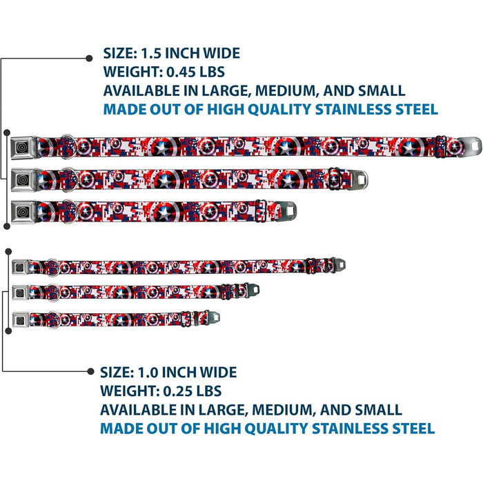 Нашийник для собак Капітан Америка, цифровий камуфляж, синьо-біло-червоний, з застібкою типу автомобільний ремінь, ширина 2,5 см, розмір S (22,9-38,1 см)