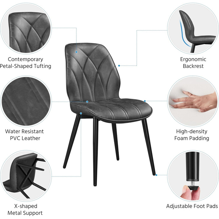 Обідні стільці Yaheetech, комплект з 2 шт. , м&39які кухонні стільці з металевими ніжками, вантажопідйомність до 136 кг, підходить для кухні/їдальні/спальні/ресторану, темно-сірий/штучна шкіра, комплект з 2 шт. , темно-сірий колір - штучна шкіра