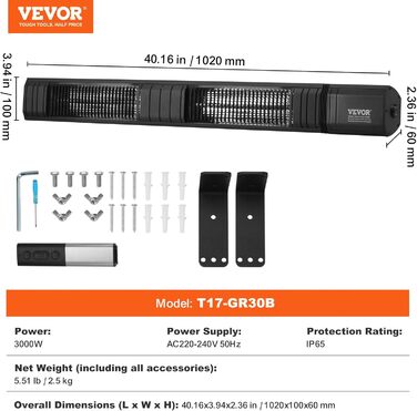 Інфрачервоний обігрівач VEVOR, 3000 Вт, з пультом дистанційного керування, захист IP65, карбоновий інфрачервоний вуличний обігрівач з 9 налаштуваннями та таймером, для ганку, патіо, їдальні, студії, заднього двору, настінний