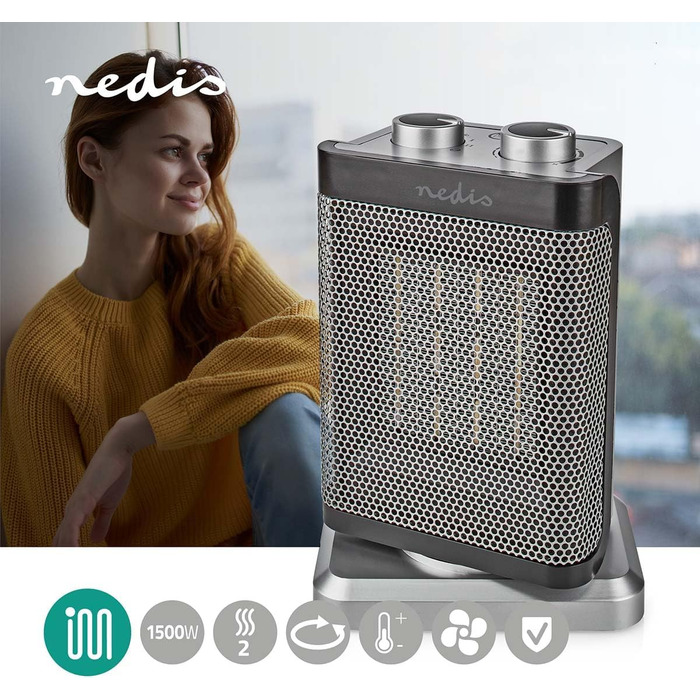 Керамічний PTC вентилятор-обігрівач - 1000/1500 Вт - 2 режими нагріву - Регульований термостат - Функція коливання - Захист від перегріву та перекидання - Сірий, 17GY -