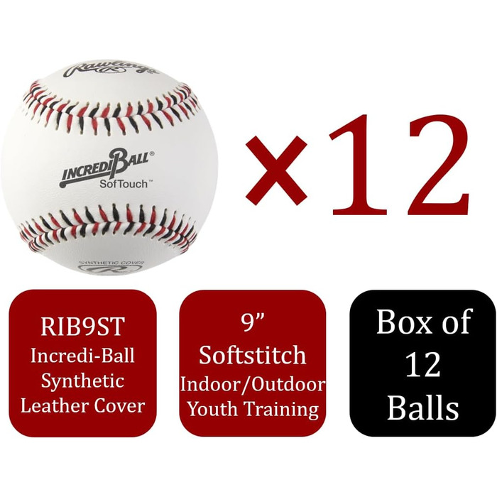 Бейсбольні м&39ячі Rawlings Incredi-Ball Softstitch, білі, 22,9 см, чохол з тканини та штучної шкіри, 12 шт.