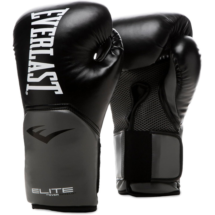Боксерські рукавички Everlast Elite 2, для боксерського мішка, щитків та спарингу, застібка на липучці, ергономічна рукоятка, розділений піноматеріал оригінальні Everlast ЧОРНИЙ/СІРИЙ 14 унцій
