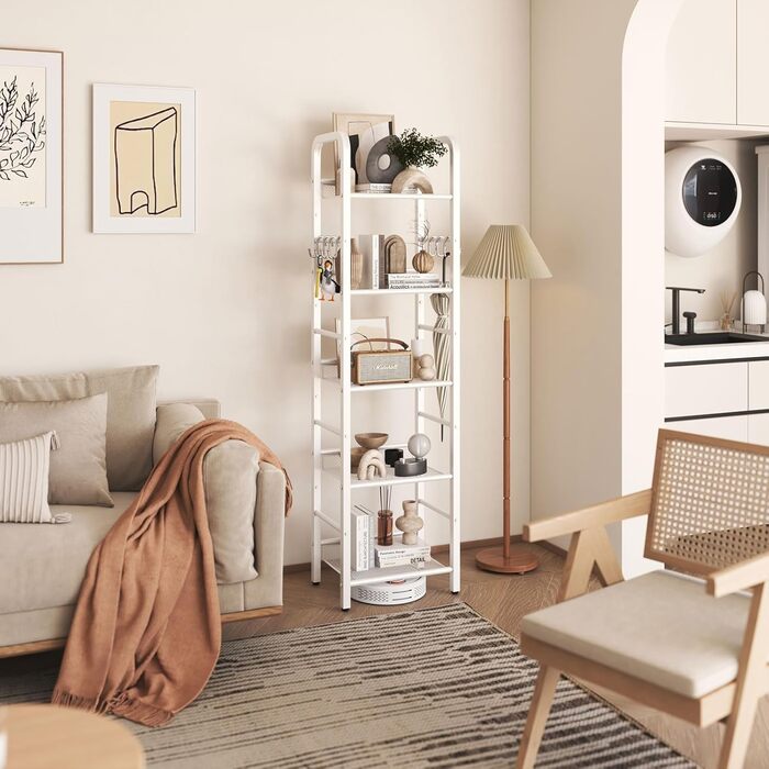 Окремостояча полиця, книжкова полиця, полиця для зберігання з 5 рівнями, 8 S-подібних гачків, металевий каркас, мінімалістичний стиль, органайзер для вітальні, домашнього офісу, спальні, ванної кімнати, білий HBC055W 146 см білий