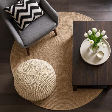 В&39язаний пуф Relaxdays, ВxГ 33 x 46 см, наповнювач з полістиролу, кругла подушка на підлогу, табурет у стилі бохо, пуф із сидінням, бежевий