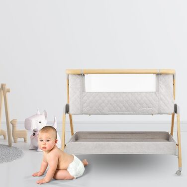 В-1 приліжкове ліжечко/дитяче ліжечко та дорожнє ліжечко з матрацом - 7-рівневе регулювання висоти, знімна бічна панель, 4 транспортні колеса, для дітей вагою до 9 кг, 3-