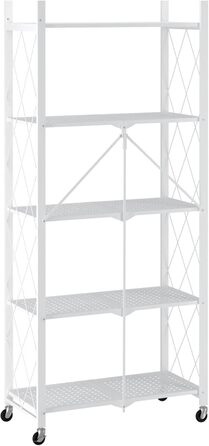 Складана полиця з колесами 5 полиць/відсіків Білий Вантажопідйомність 250 кг ВxШxГ 167x72x34 см Полиця для зберігання, металева полиця, складна полиця, 5 полиць, білий