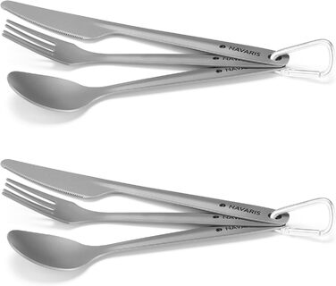 Набір столових приборів для кемпінгу Navaris 2 шт. Titanium, 3 предмети - ніж, виделка, ложка, включаючи чохол - надлегкий набір столових приборів 3-в-1 - набір столових приборів для подорожей з 2 предметів, сірого кольору