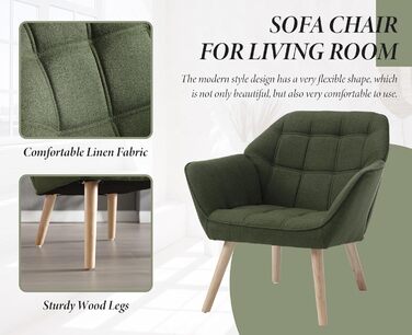 Акцентне крісло-крісло, м&39яке крісло для читання з дерев&39яними ніжками та лляним покриттям, крісло для читання, одномісний диван, крісло під телевізор для вітальні, спальні, затишне місце, зелений 1 зелений