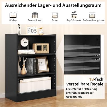 Книжкова полиця COSTWAY, окремостояча полиця з 3 відділеннями, полиця з регульованими полицями, для вітальні, спальні, кабінету, 30 x 50 x 75 см, чорна
