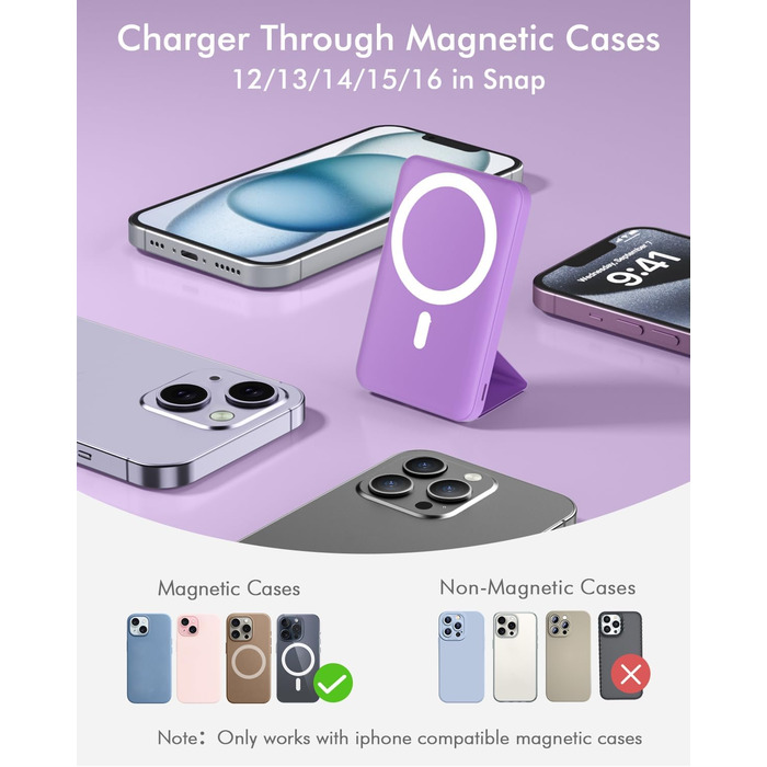 Для Magsafe powerbank, Powerbank 10000mah Foldable Magnetic Power Bank PD 22.5W Fast Charging with LED Display Compatible with Mag-Safe for iPhone 16/15/14/13/12 Pro Max/Pro/Plus-Purple