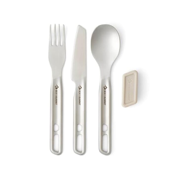 Набір столових приборів Detour з нержавіючої сталі - 1 особа, 3 предмети - ніж для кемпінгу виделка ложка та магнітний силіконовий тримач - без BPA - високоякісні столові прибори для кемпінгу з нержавіючої сталі - 135 г