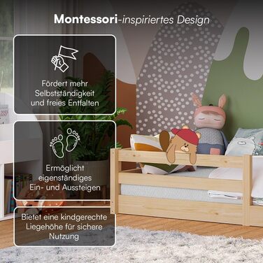 Ліжко Bellabino Iskri на підлозі 90x200 см Дитяче ліжко Монтессорі із захистом від падіння та рейковою основою Дерев&39яне ліжко для хлопчиків та дівчаток з масиву сосни натурального кольору Дитяче ліжко натурального кольору 90x200 см без матраца