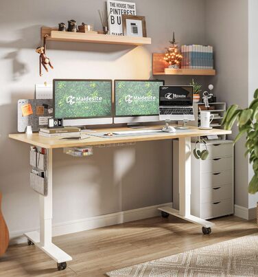 Письмовий стіл з регульованою висотою (140 x 70 см) Комп&39ютерний стіл з електричним регулюванням висоти, 4 режимами пам&39яті, дошкою для записів та колесами, що обертаються на 360 Стіл SN1 140 x 70 см, дуб біла рама